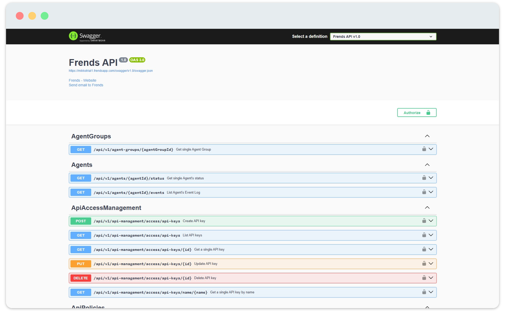 Image shows the Frends Platform API reference within your Frends Tenant.