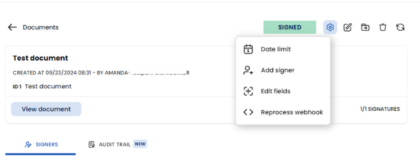 Screenshot of a document management interface showing a signed document titled "Test document." The options menu is open, displaying actions such as "Date limit," "Add signer," "Edit fields," and "Reprocess webhook