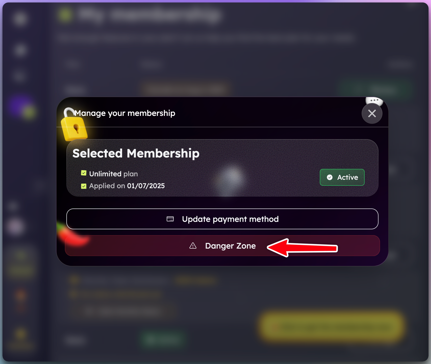 Desktop membership management screen showing membership details with a few options. The Danger Zone button has a red arrow pointing to it.