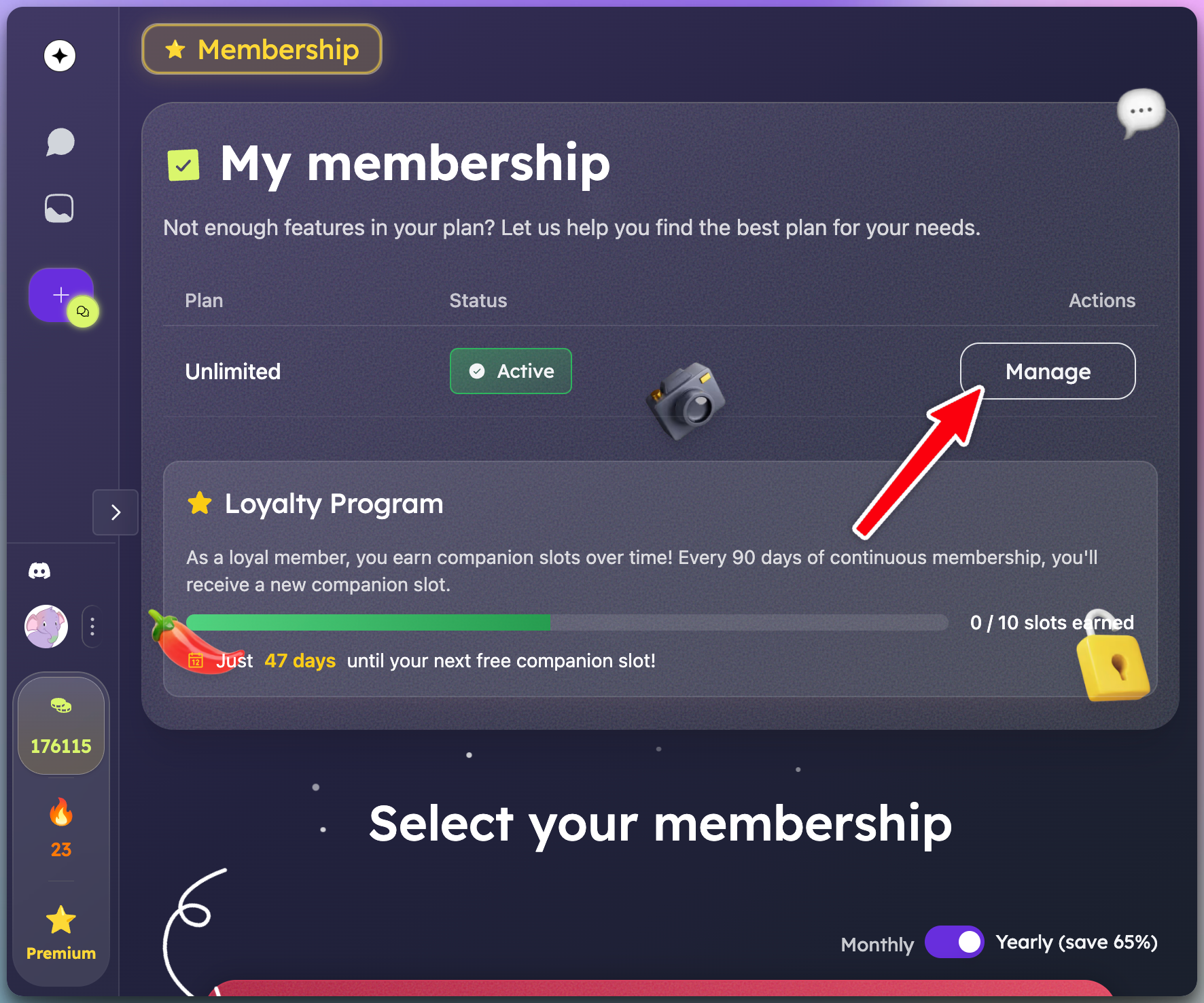 Desktop membership page showing an active subscription card with details like plan name, status and a manage button. The Manage button has a red arrow pointing to it.