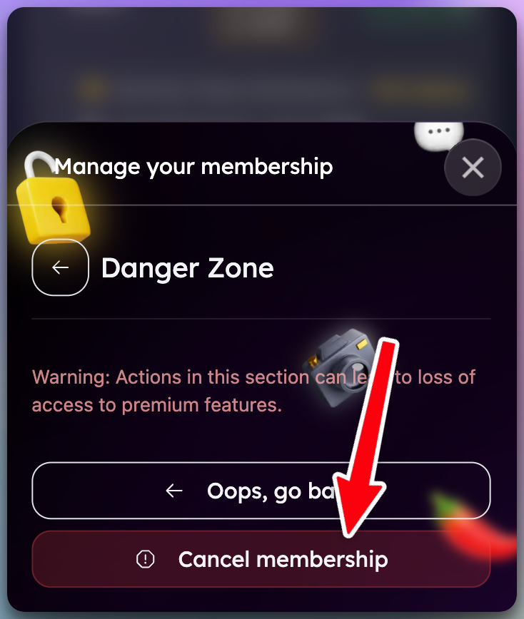 Mobile membership management screen showing membership details with a few options. The Cancel membership button has a red arrow pointing to it.