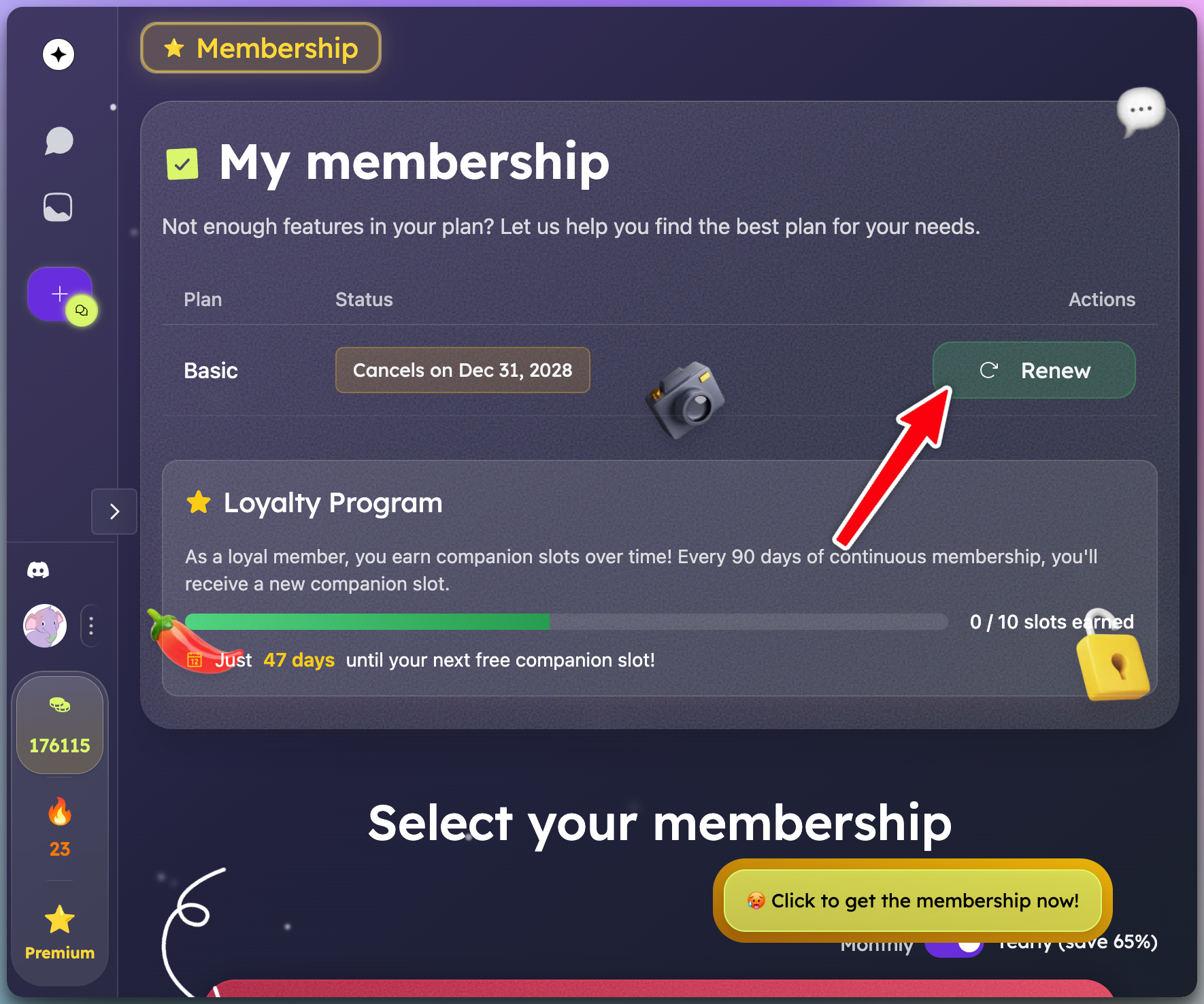 Mobile membership page showing an cancelled membership card with details like plan name, status and a Renew button. The Renew has a red arrow pointing to it.