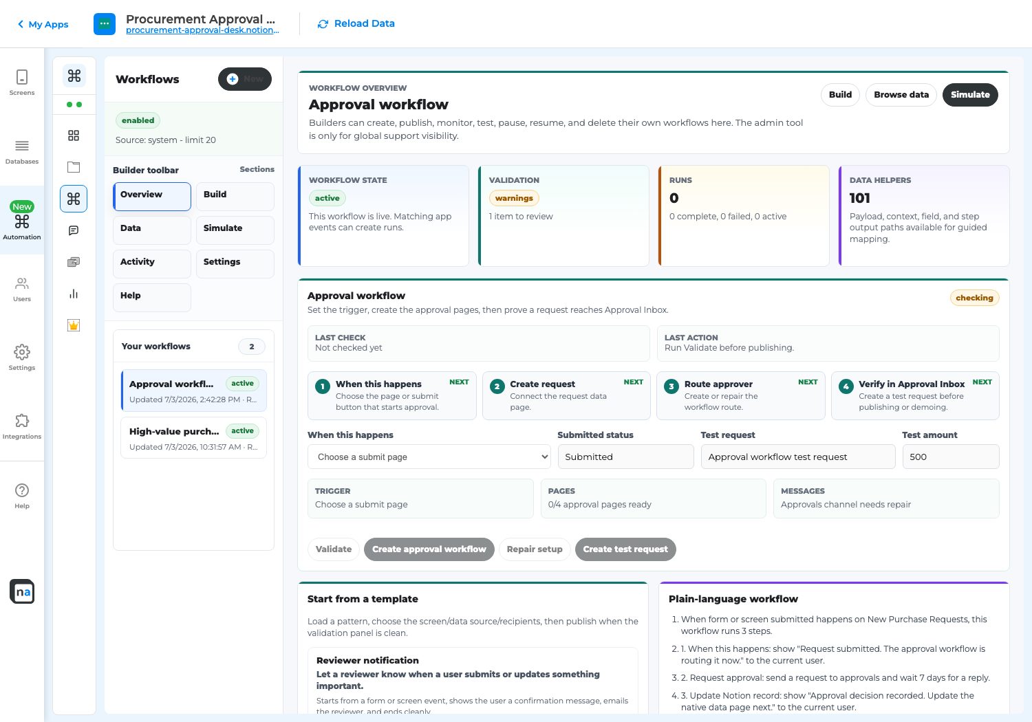 Purchase approval workflow setup.