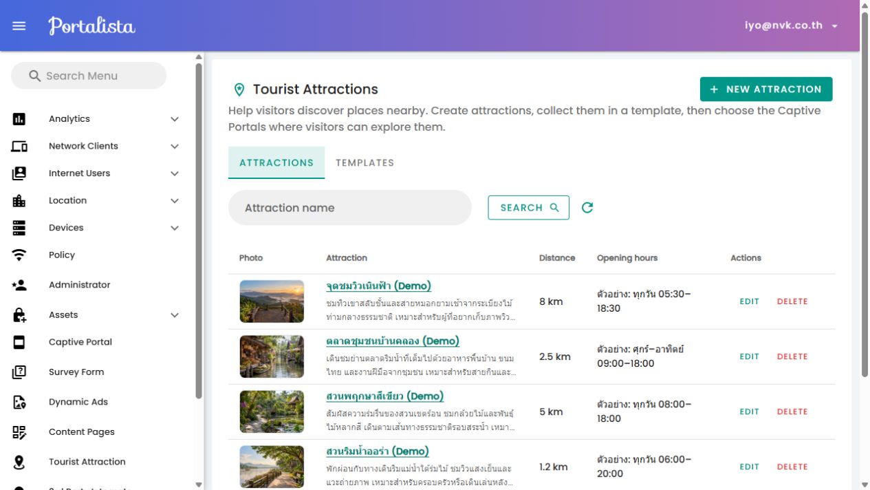 หน้ารายการ Tourist Attractions และแท็บ Attractions