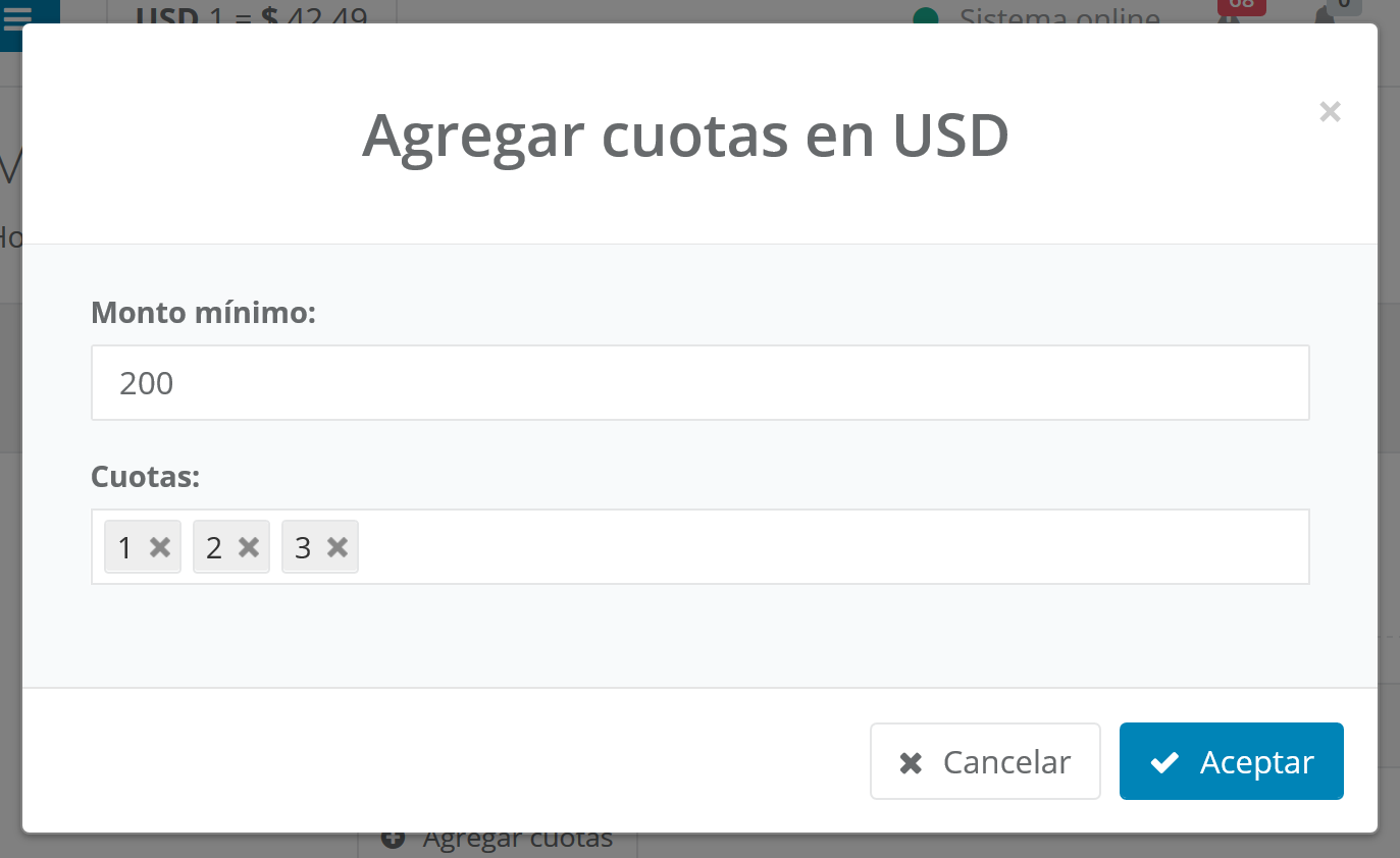 Panel de agregar cuotas