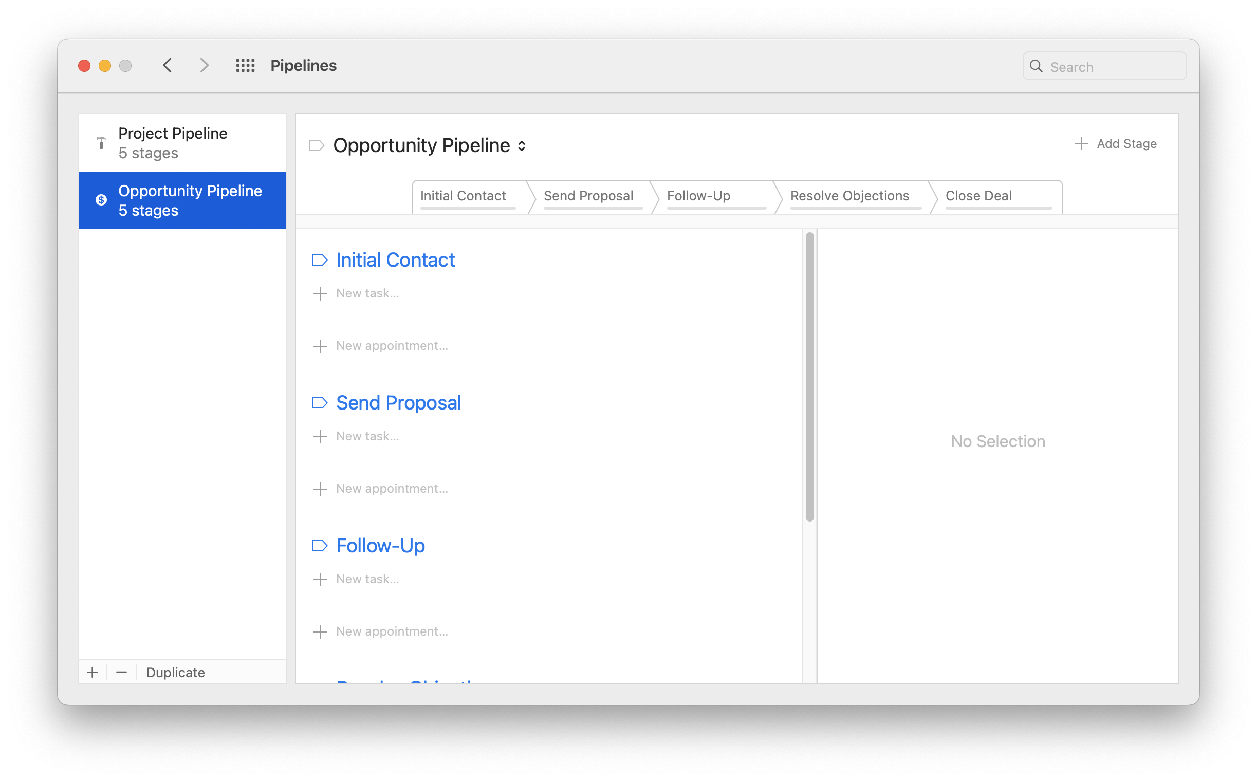Pipelines settings pane with Opportunity Pipeline selected, showing the stage bar Initial Contact, Send Proposal, Follow-Up, Resolve Objections, and Close Deal, the Add Stage button, and New task and New appointment links under each stage
