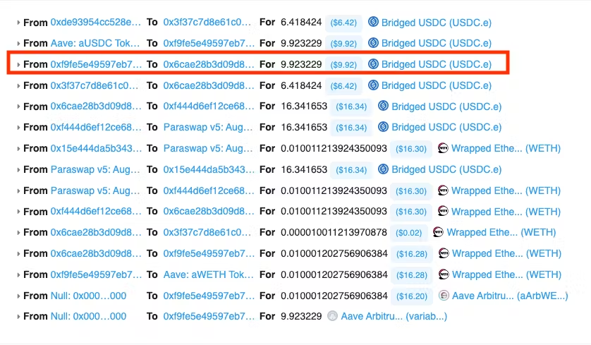 3) $9.92 USDC are transferred from the beacon proxy to the main Contango address.