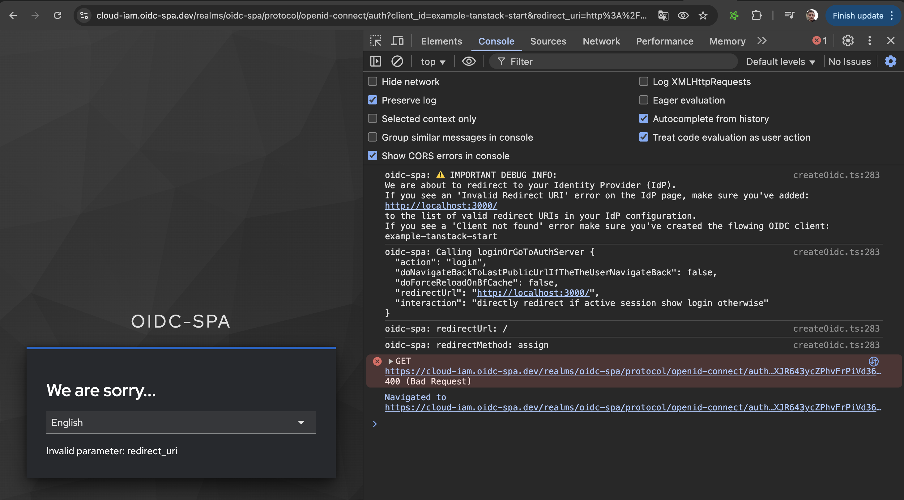 Console showing missing redirect URI error