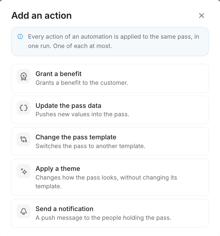 Add an action window listing Grant a benefit, Update the pass data, Change the pass template, Apply a theme and Send a notification