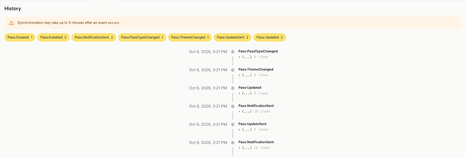 Pass History tab with counters per event type and a timeline of events