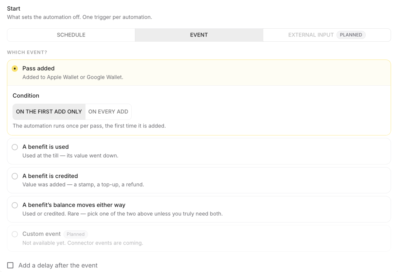 Event tab with Pass added selected and the On the first add only condition