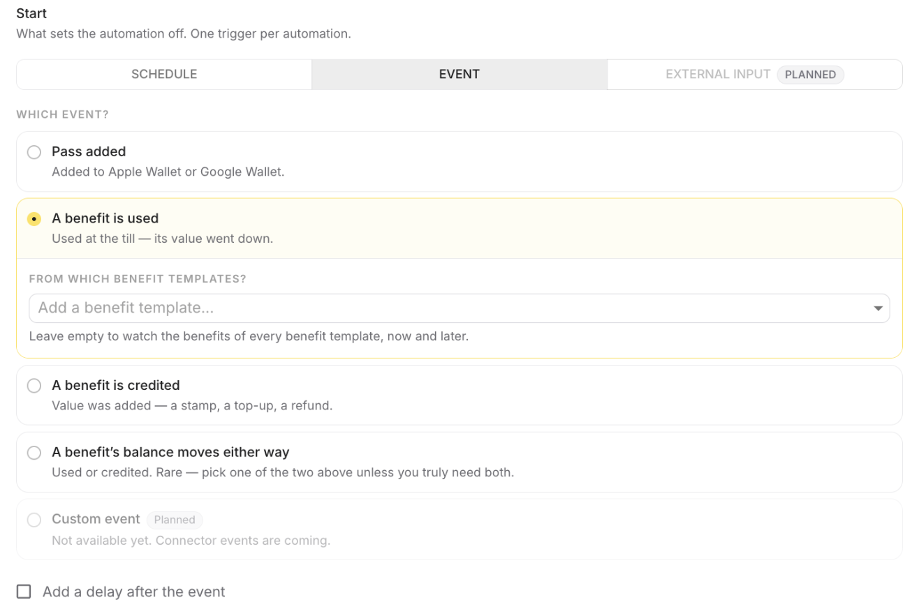 Event tab with A benefit is used selected, the benefit template picker and the Add a delay after the event option
