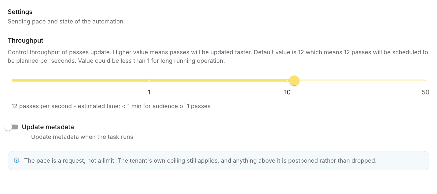 Settings panel with the Throughput slider and the Update metadata switch