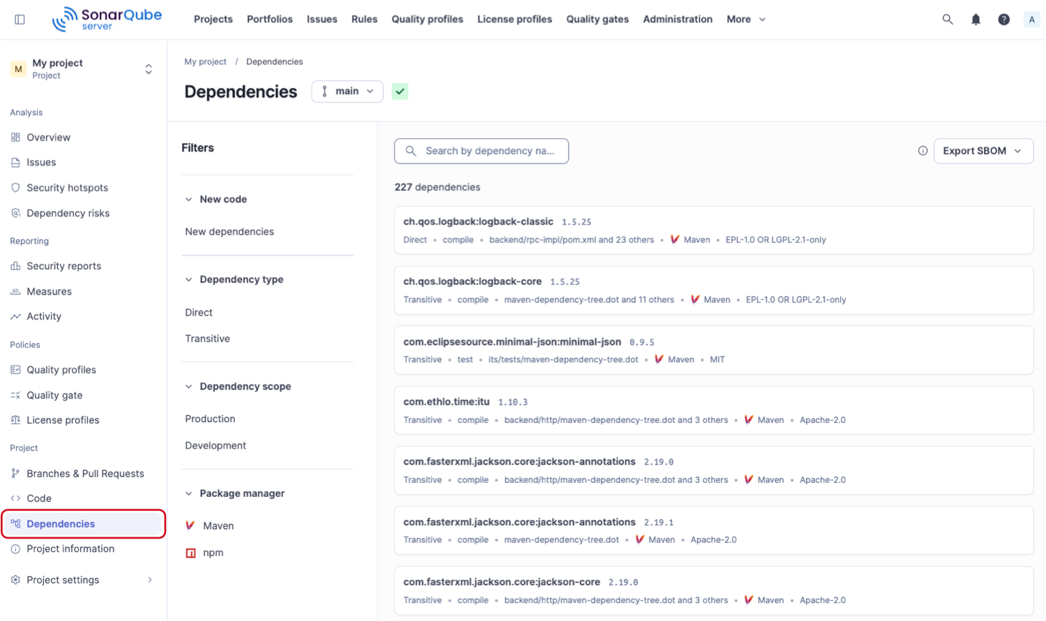 View of the Dependencies in SonarQube.