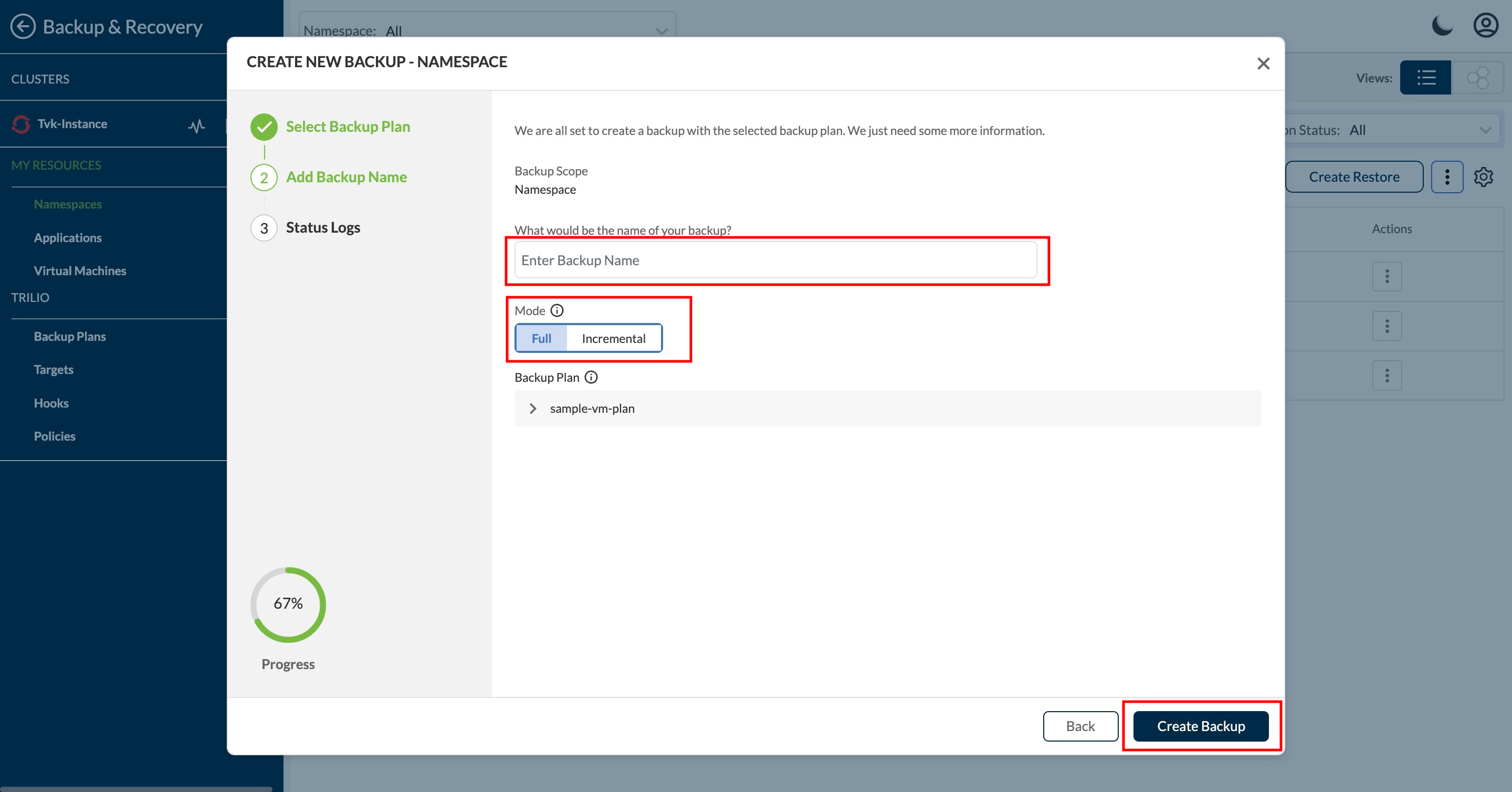 Create Backup options