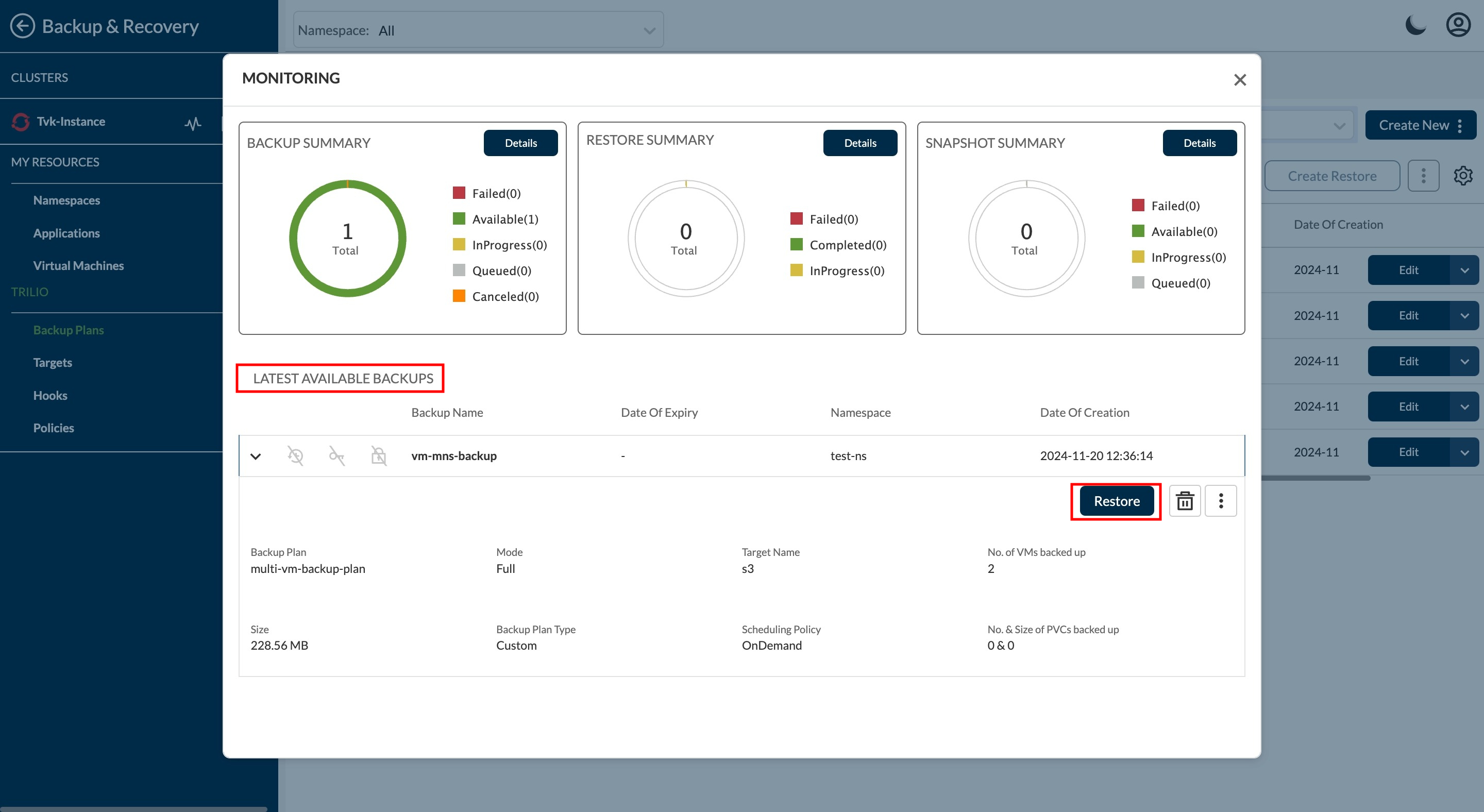 Create Backup options