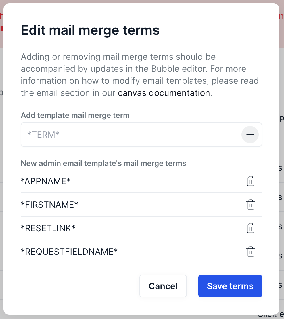 Edit mail merge terms popup