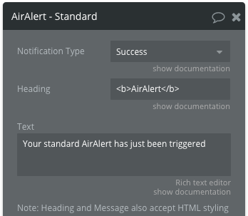 Options when triggering the Standard alert