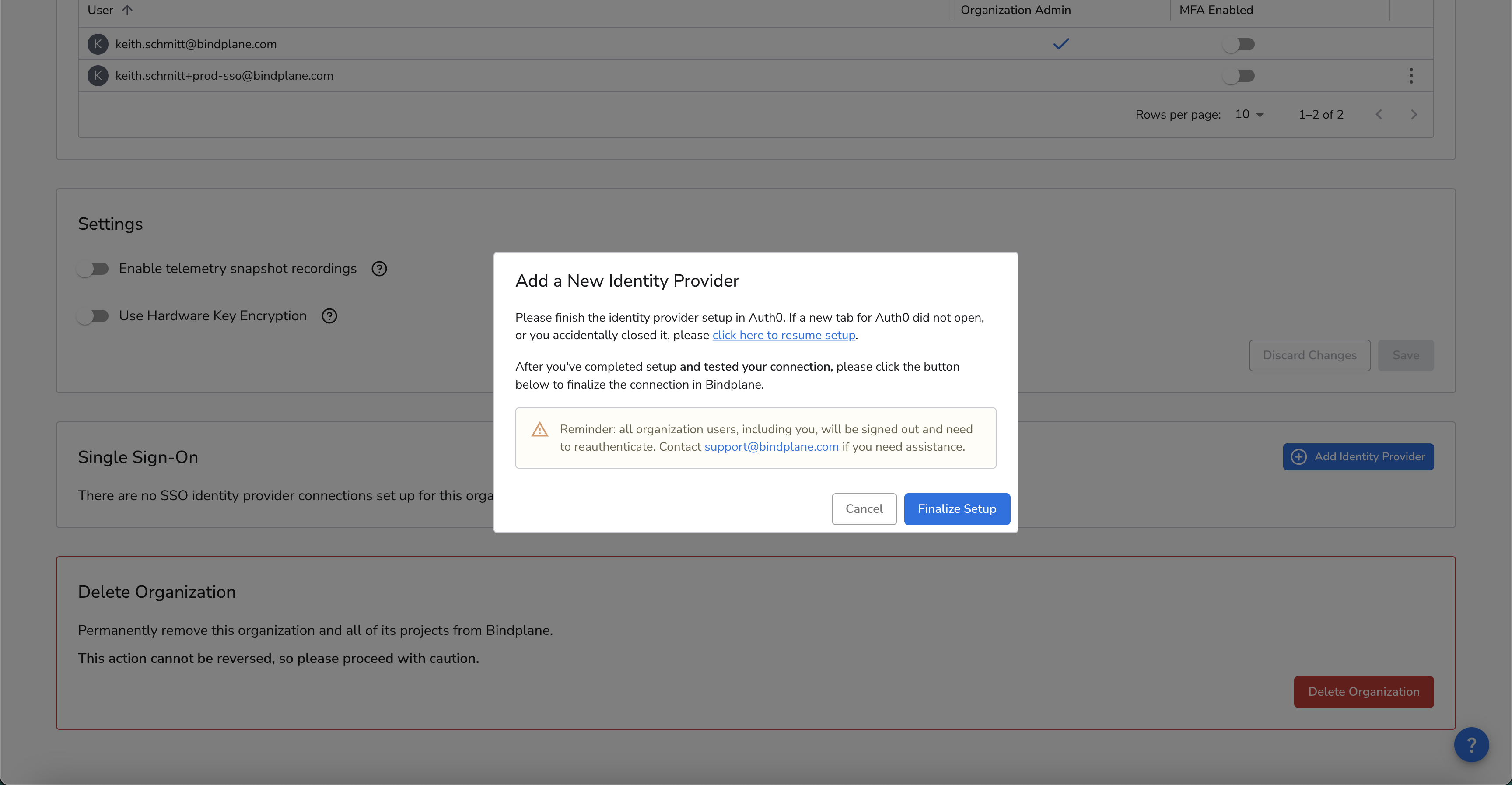 Finalizing SSO setup in Bindplane