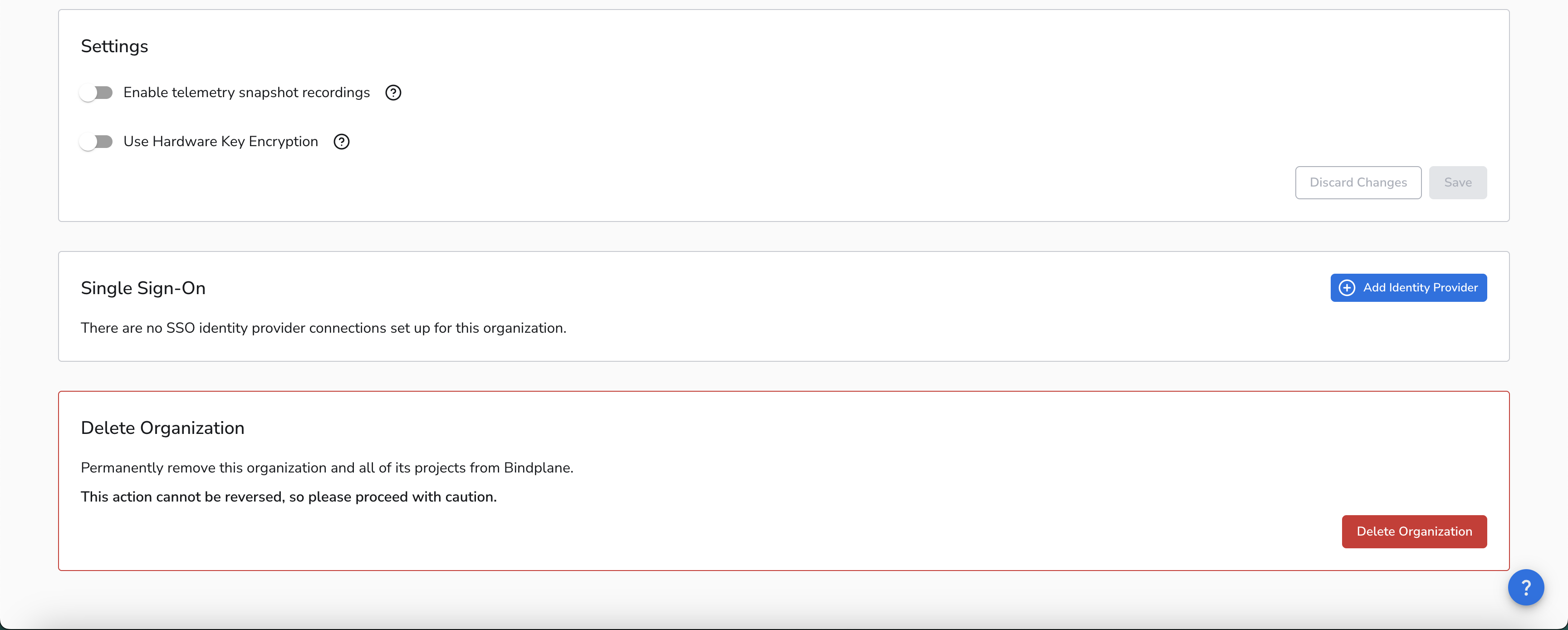 Single Sign On configuration section in organization settings