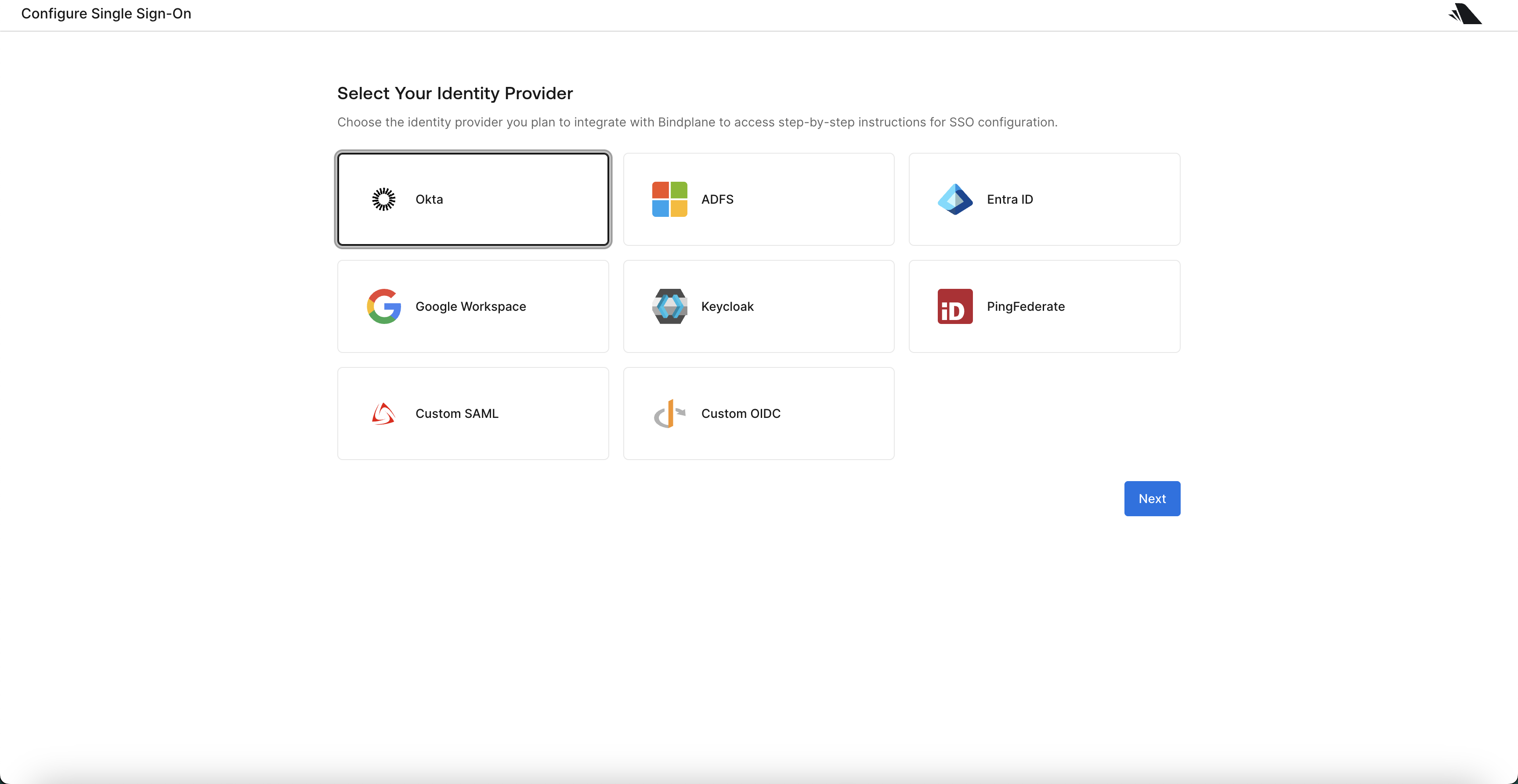 Selecting your Identity Provider in Bindplane