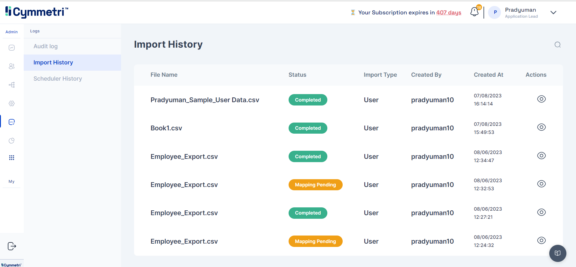Import History - Cymmetri