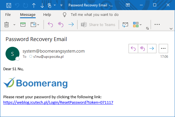 Recovery email with reset link