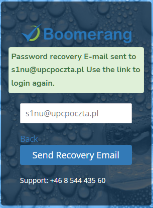 Recovery email sent confirmation