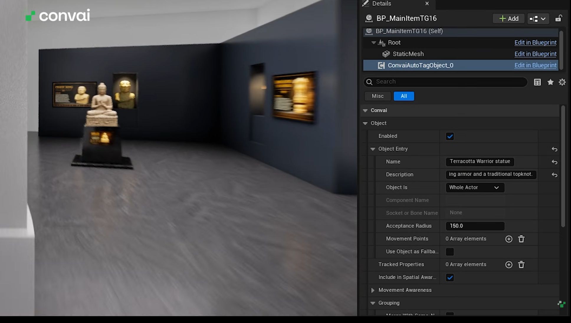 A tagged museum object with its Convai Object Component and generated description in Details.