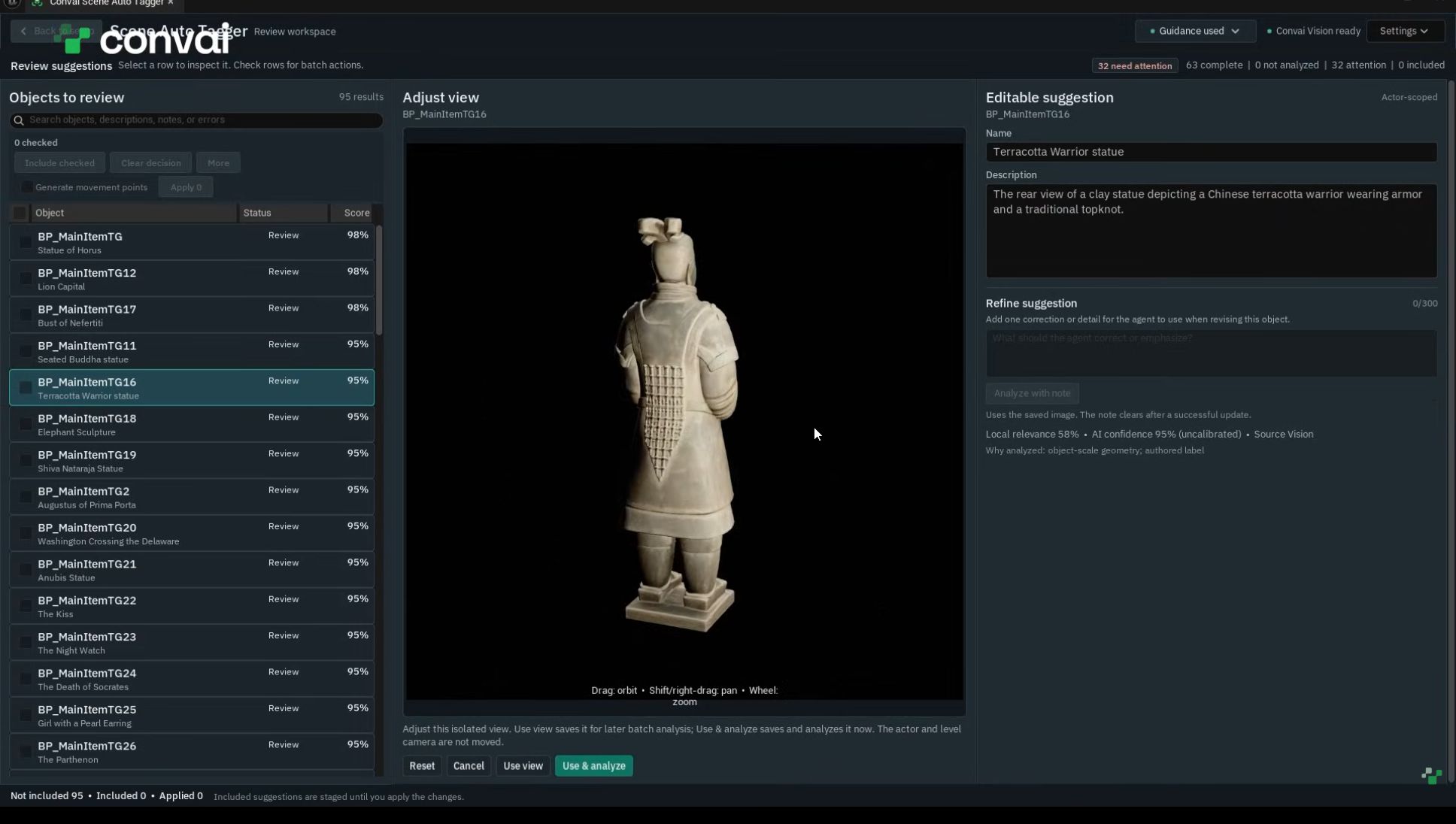 Capture view editing controls beneath a statue preview.