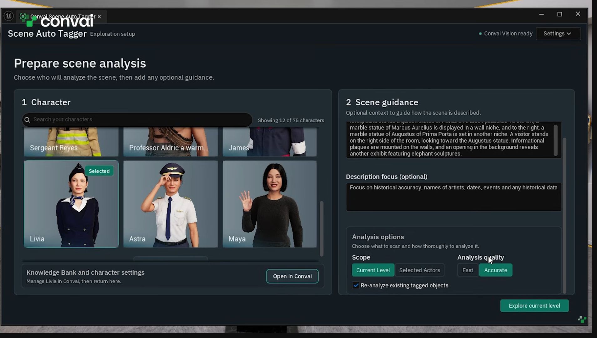 Analysis options with Current Level and Accurate selected, plus the Explore current level button.