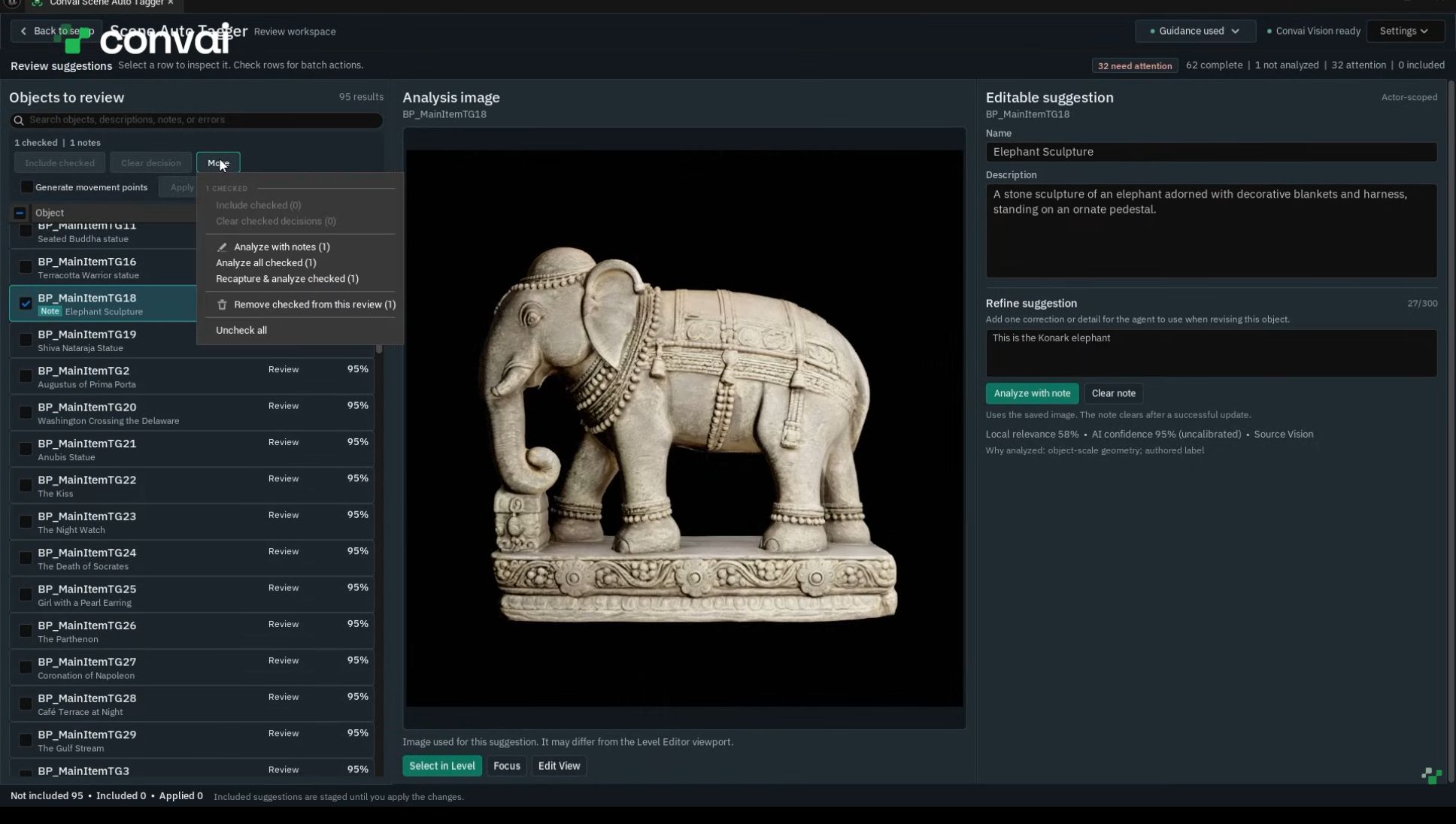 An elephant selected with a correction entered under Refine suggestion.