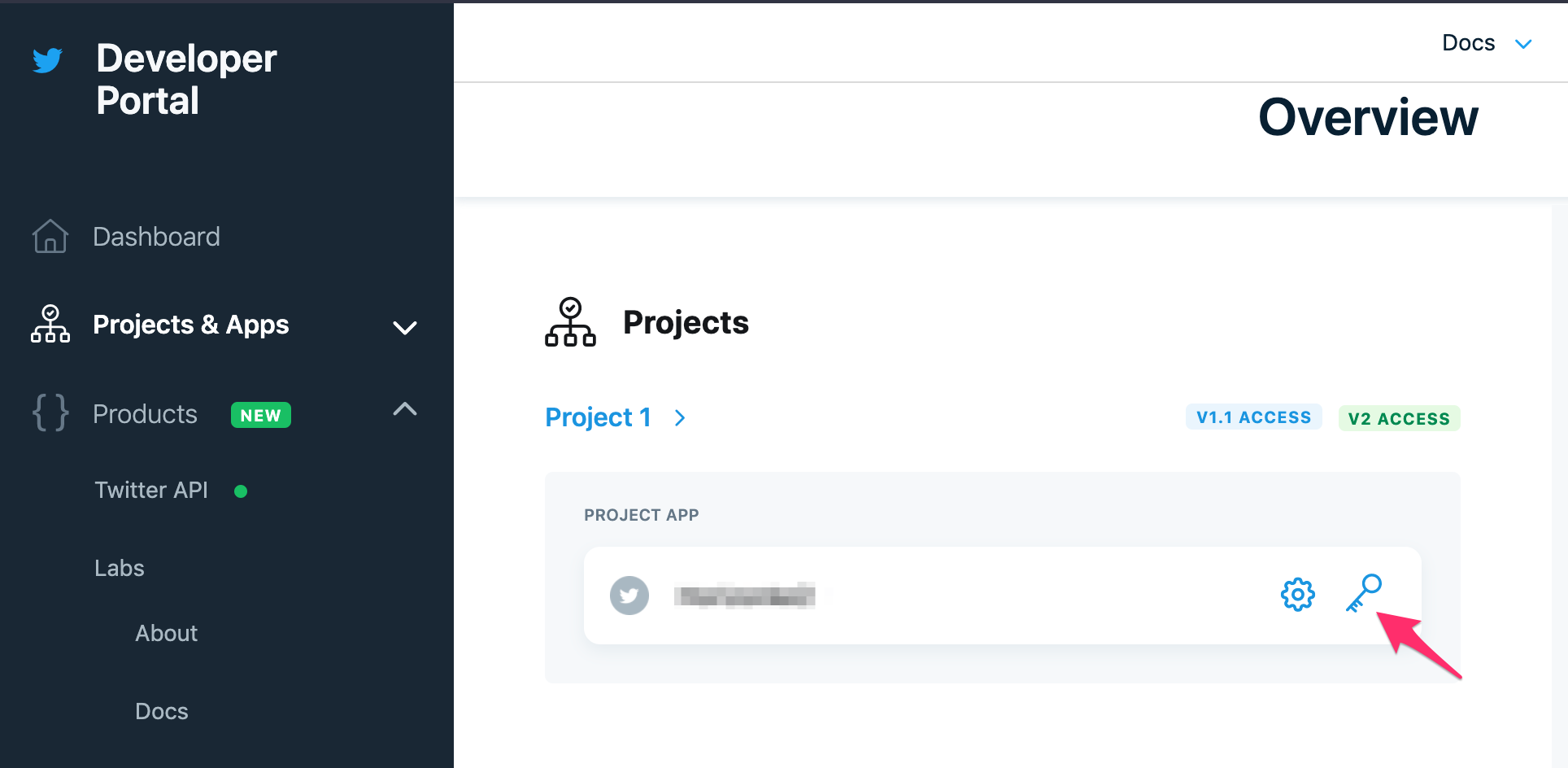 The overview page on Projects and Apps - key icon is highlighted by a red arrow.
