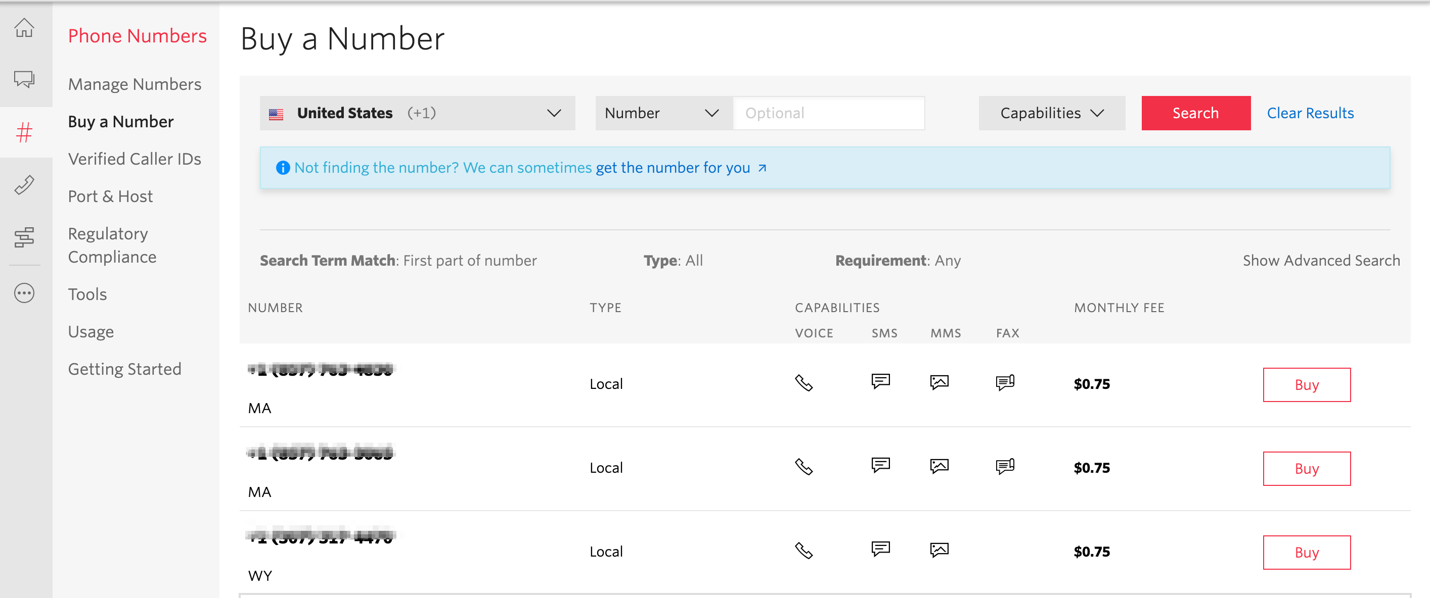 List of Twilio numbers. Click Buy to get one.