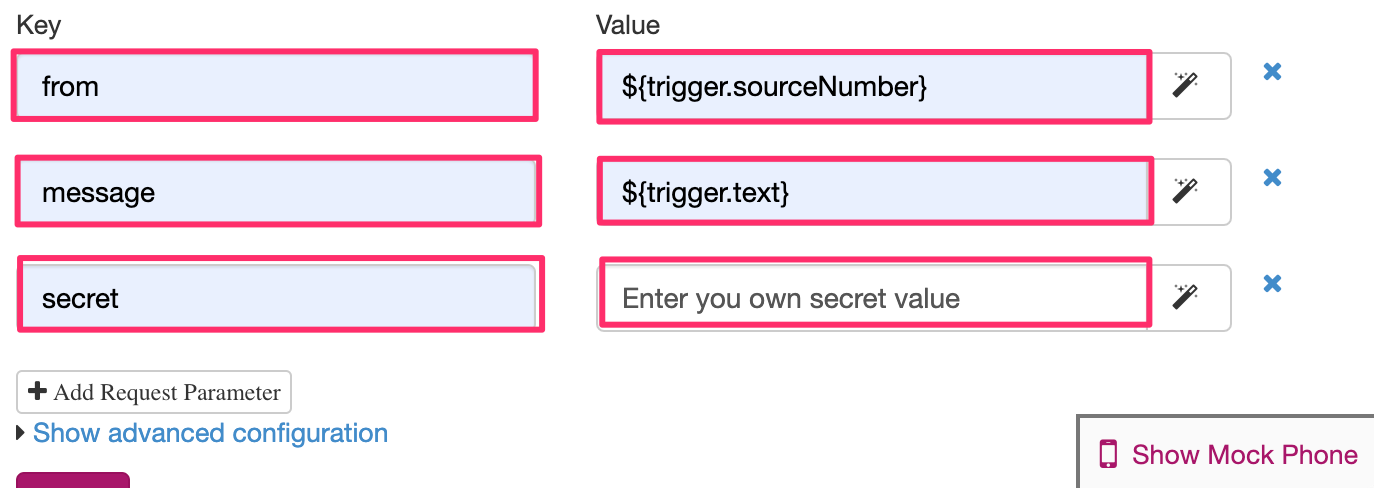 Fill in the request parameters