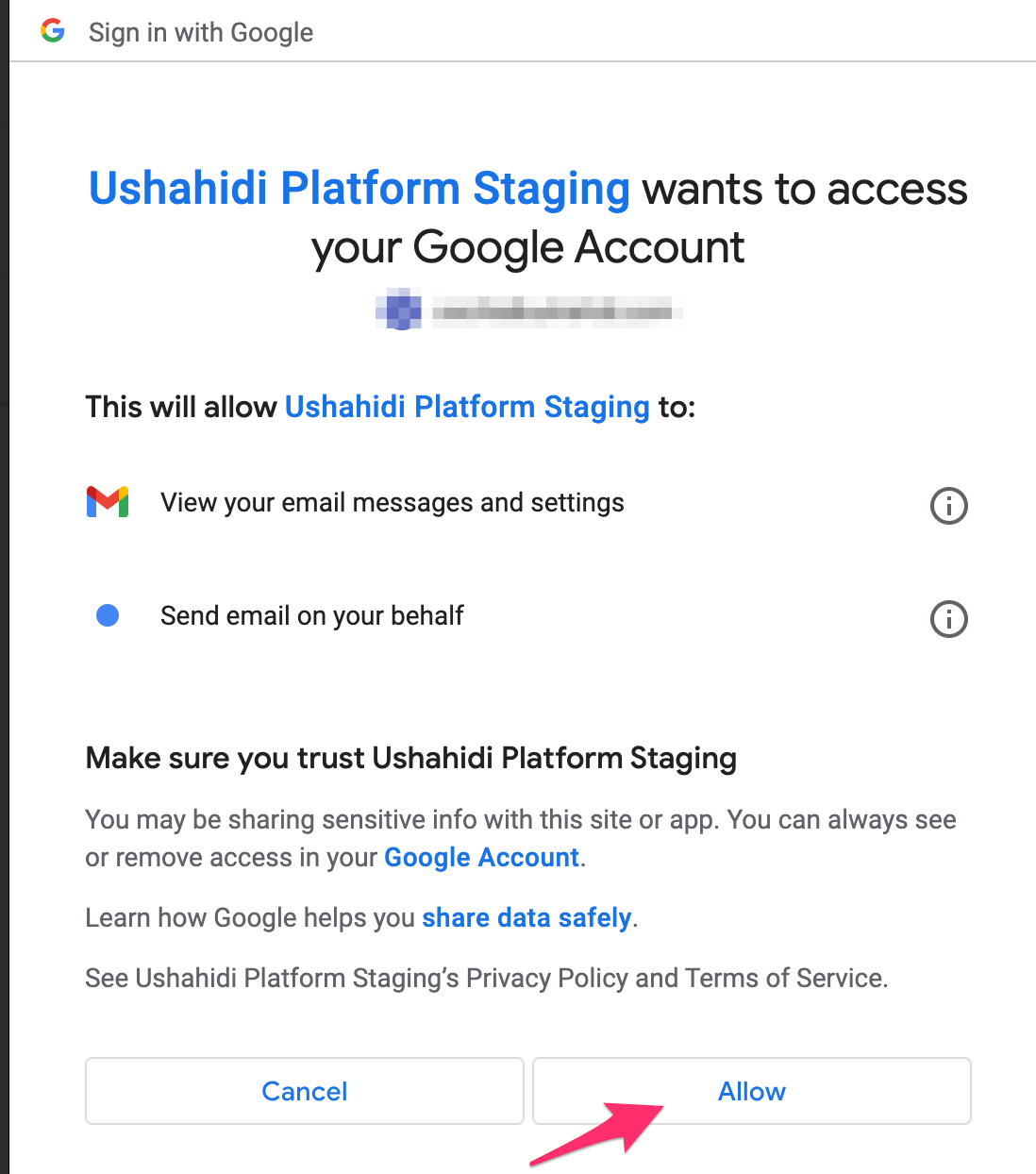 External Gmail Authentication Page - Red arrow pointing to allow for ushahidi to access google account