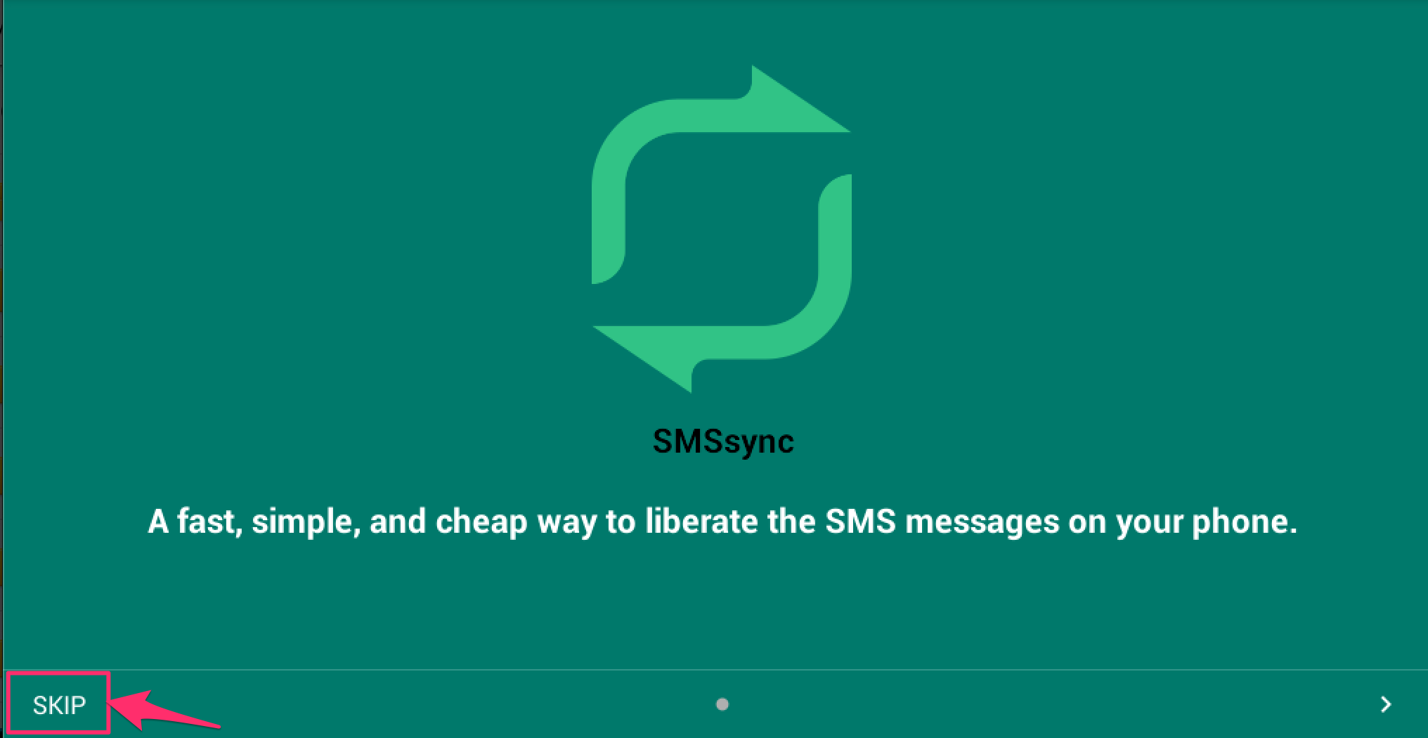 SMSsync interface - SKIP button highlighted