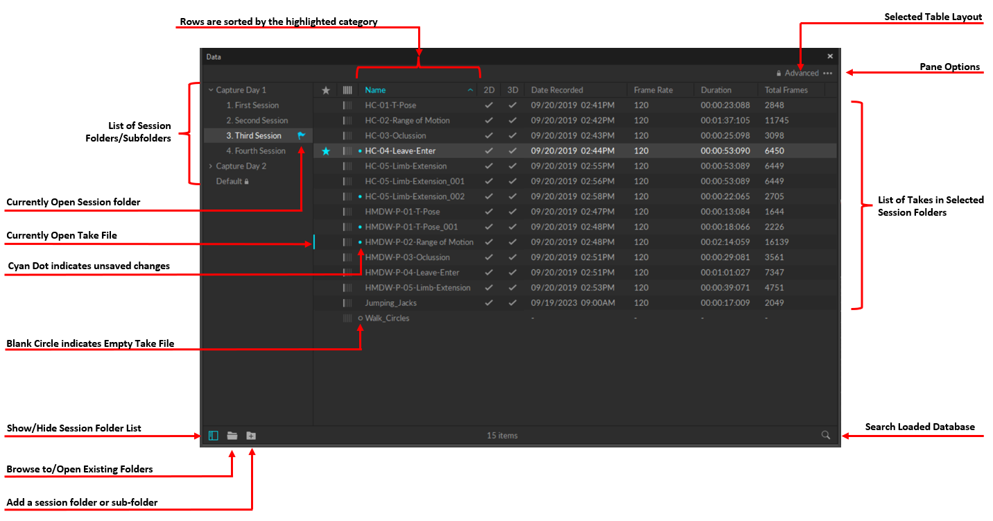 An annotated screenshot from Motive of the Data pane.