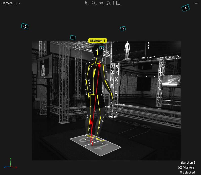 A screenshot from Motive of a reference video with asset overlay information for a skeleton (actor) walking on 2 force plates. 