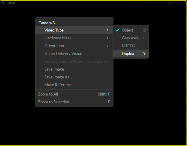 The context menu available from the Cameras viewport in Motive, with the Video Mode option selected and the available video modes displayed: Object; Grayscale; MJPEG; and Duplex. 