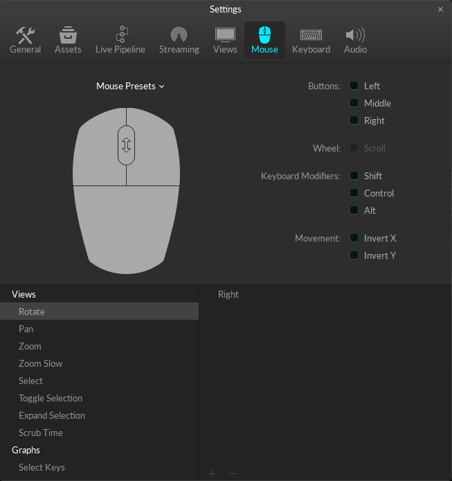 Mouse settings can be customized from the application settings panel.