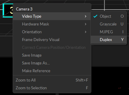 The context menu from the Motive Perspective View when a camera is selected. The Camera Video Types menu is open with the available types displayed: Object; Grayscale; MJPEG; and Duplex. 