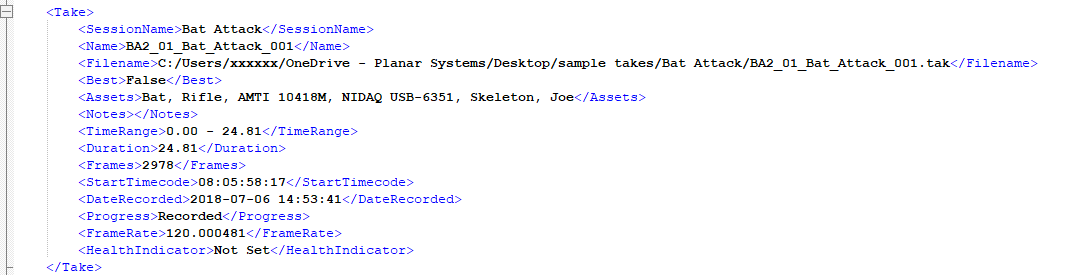 A screenshot of data from an XML file that contains Take information, exported from Motive. 