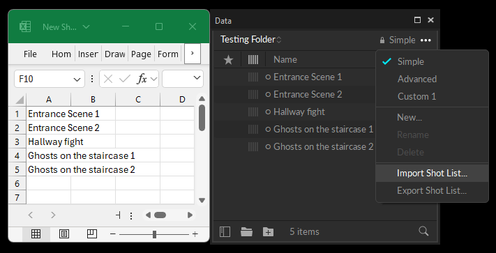 2 screenshots. The one on the left shows a simple Excel file with a list of take names. The image on the right shows the same list imported into the data pane in Motive, along with the pane menu with the Import Shot List... option highlighted. 