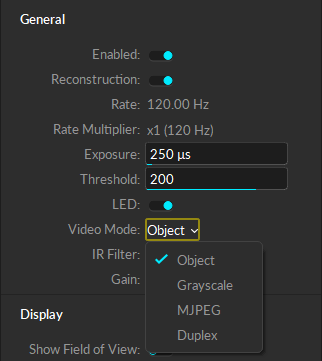 A screenshot of the Camera Properties pane in Motive, showing the four Video Modes available: Object; Grayscale, MJPEG, and Duplex.