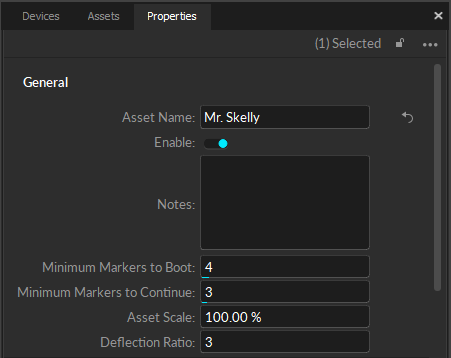A screenshot of the Motive properties pane, general properties for a Skeleton asset. 
