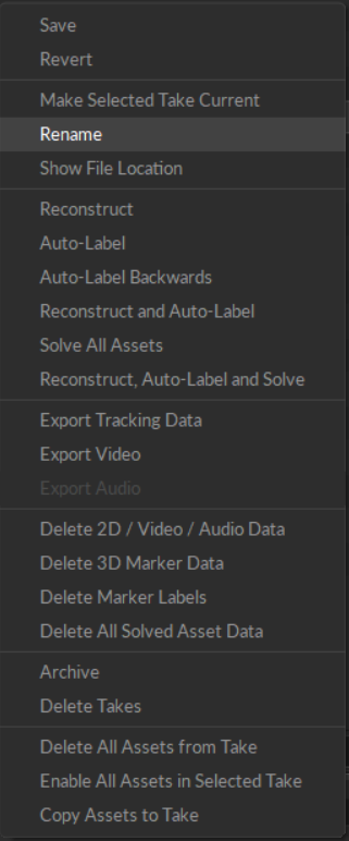 A screenshot from Motive of the Context menu for Takes, available from the Data pane.