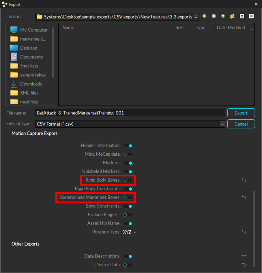 A screenshot of the Data Export screen in Motive, with CSV export selected and the options to include Rigid Body Bones and Skeleton and Markerset Bones are both disabled. 