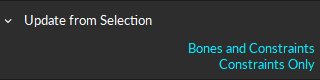 A screenshot of the "Update from Selection" option in the Motive Builder pane, modify skeleton options. 