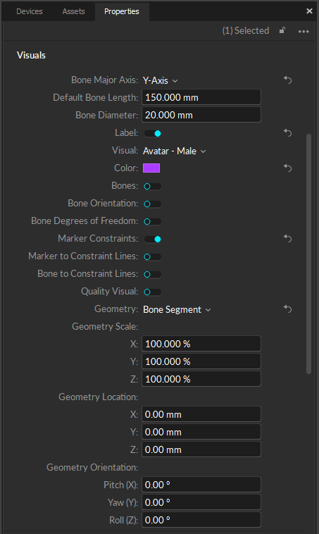 A screenshot of the Motive properties pane, Visuals properties for a Skeleton asset. 